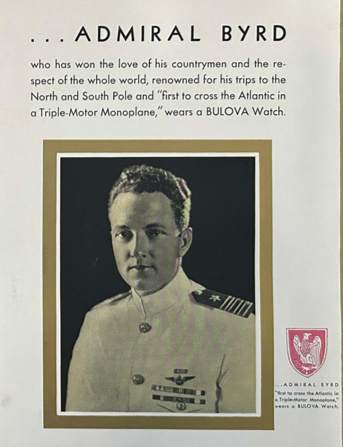 Admiral Byrd — Bulova endorsement, first to cross the Atlantic in a Triple-Motor Monoplane