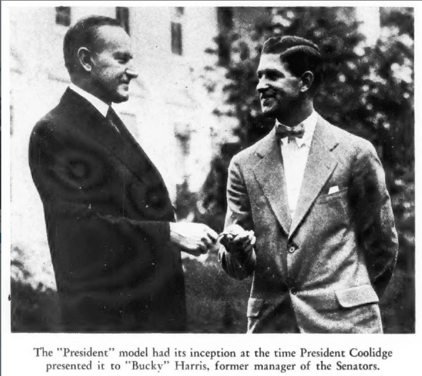 President Calvin Coolidge presenting Bucky Harris with a Bulova watch, 1925