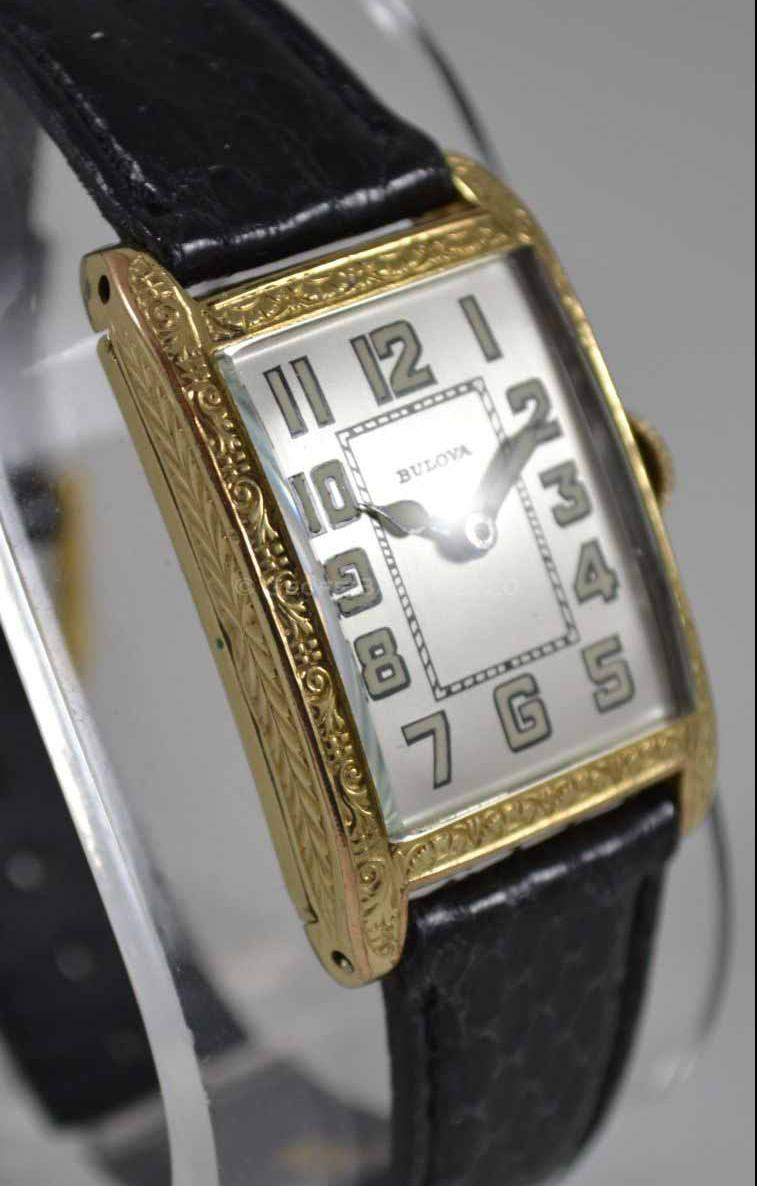 Gold engraved Art Deco Bulova tank watch