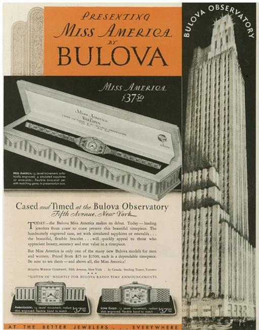 Presenting Miss America by Bulova — 1930s advertisement featuring the Bulova Observatory