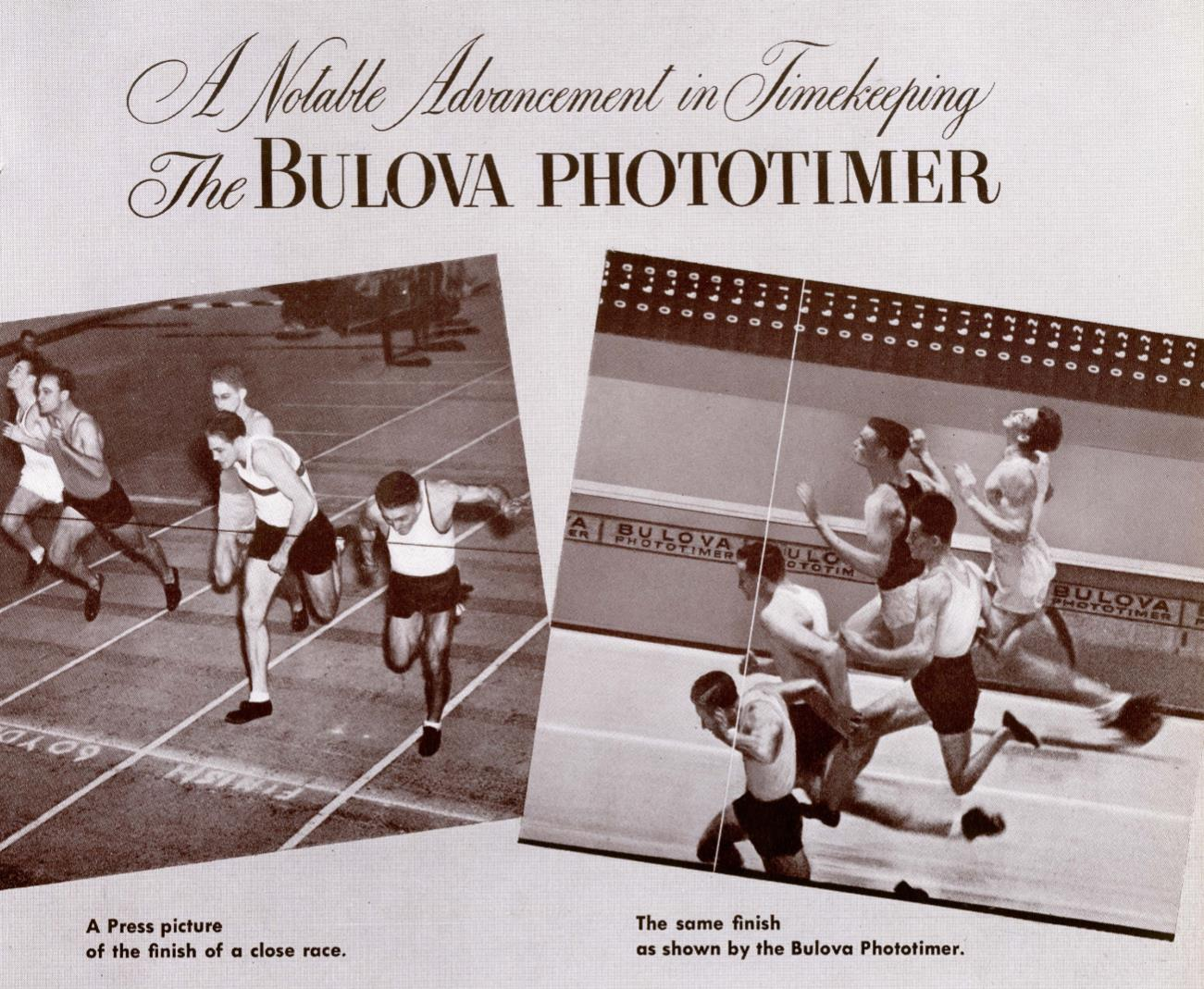 The Bulova Phototimer — A Notable Advancement in Timekeeping — showing photo finish of a close race